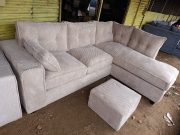 6 Seater L-Shaped Bubble Fabric Beige Seat with Footrest