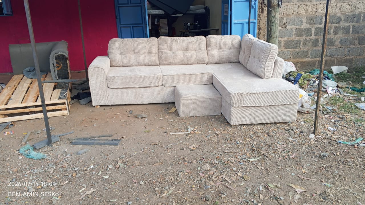 6 Seater Right-Sided L-Shaped Bubble Fabric Beige Seat with Footrest