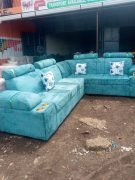 6 Seater Chrome L-Shaped Checked Blue Green Seat with Cupholders & Footrest