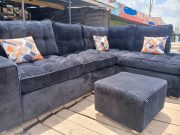 6 Seater L-Shaped Black Corduroy Fiber Seat with Footrest